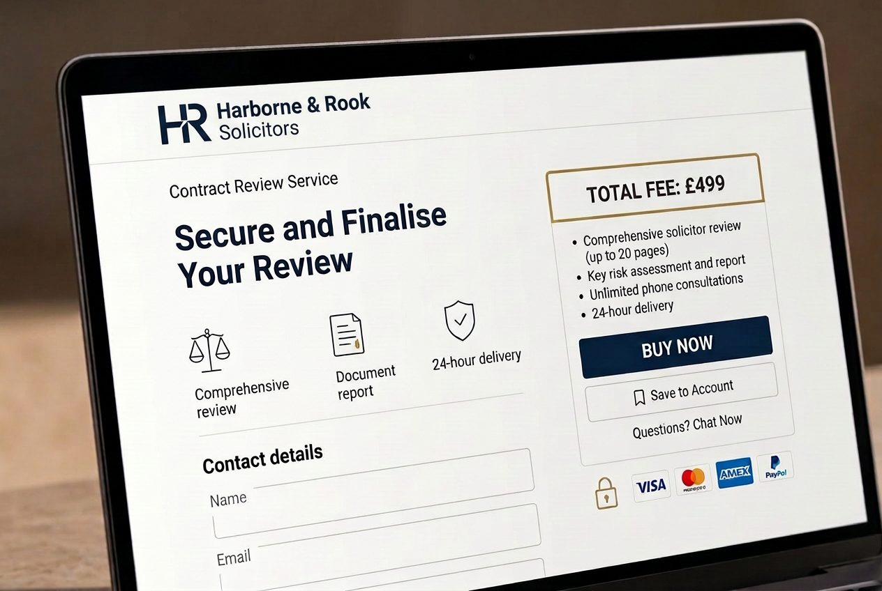 Close-up of a laptop screen showing a fixed-fee digital legal service clients can buy online
